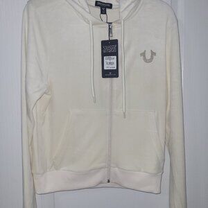 True Religion Women's Velour Winter White Hoodie Sweatshirt Size Large NWT Soft